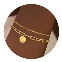 TINGN Armband mit Buchstaben Damen - Layered Gold Büroklammer Kette Armbänder Buchstaben L Armband Disc Monogramm Charm Armband Personalisiertes Armband Damen Gold Buchstaben Armband Goldschmuck Damen