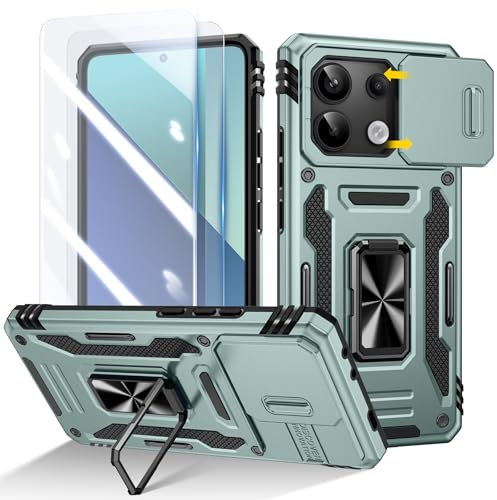Doeshine Funda para Xiaomi Redmi Note 13 4G con 2 Protector Pantalla，[Protección Militar], Soporte Anillo y Cubierta de Cámara Deslizante(Verde)
