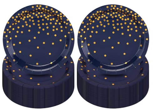 CEILIWEN Assiettes en Papier Bleu, Lot de 100 Assiettes de 18 cm / 7 pouces de Couleur Bleu Marine avec Points en Feuille d'Or, Décorations pour Fête d'Anniversaire