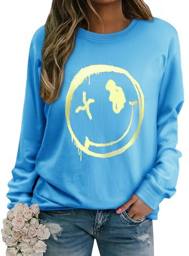 WIEIYM Damen Sweatshirt Langarmshirt Drucken Rundhals Pullover Herbst Winter Bluse Tops Weihnacht Pullover Casual Christmas Sweat Oberteile,Picton Blau,XL