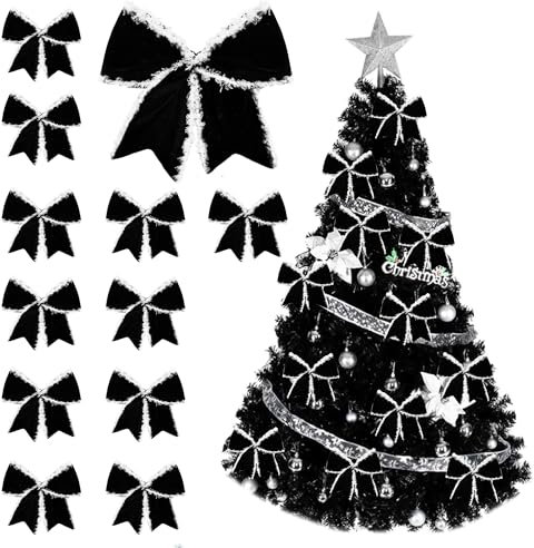 HIENAJ 12PCS Christmas Velvet Bows for Wreath, Front Door, Indoor Outdoor Wall, Tree Topper - Black Winter Décor Xmas Ornament Decoration Supplies