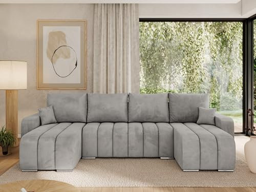 MKS MEBLE Sofa mit Schlaffunktion - Ecksofa mit Schlaffunktion und Bettkasten - Sofa 3 4 5 Sitzer - Schlafsofa - Couch - Schlafsofa mit Bettkasten - Kirasso U -Hellgrau Velvet