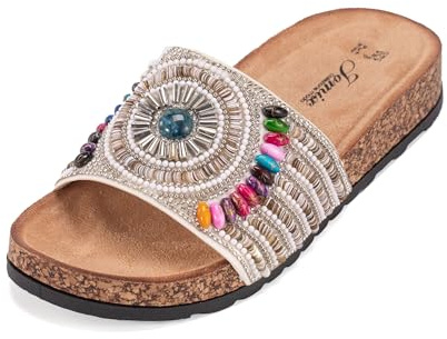 JOMIX Clogs Damen Bunte Pantoletten Sommer Sandalen mit Strass Perlen Strand Sandaletten Kork Sommerschuhe Bohemia Strandsandalen (Weiß, 38EU, WCF250322)