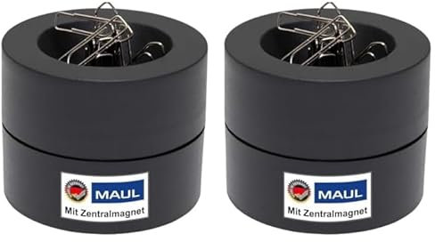 Maul Klammernspender MAULpro | Ø7,3x6cm | Schreibtisch Organizer für Büroklammern | Schreibtisch Zubehör mit Magnet für Büro | Inklusive 15 Klammern | Stilvoller Büroklammernspender | Schwarz