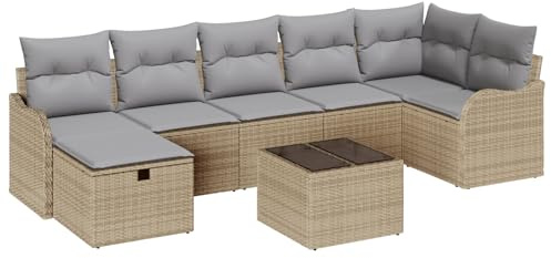 vidaXL Garten-Sofa-Set mit Kissen mit Speicher 8 pcs Beige Poly Rattan, Garten und Terrasse, Moderne Gartenmöbel, modulares Sofa, wetterfeste Sitzgelegenheiten, schicker Bänke.