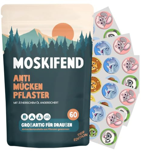 Mückenschutzpflaster für Kinder, Babys & Erwachsene (mit Öl gegen Mücken) – Anti Mücken Aufkleber im Tier Design – 60 Patches für unterwegs | Mosquito Repellent Sticker, Insektenschutz