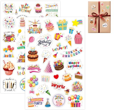 2 Seiten mit 54 Motiven als Sticker Geburtstag, Aufkleber Geburtstag, Gästebuch Geburtstag Party Aufkleber Dekoration, Selbstklebende Party Sticker, Geburtstagssticker Dekorationen Jahrestag Aufkleber