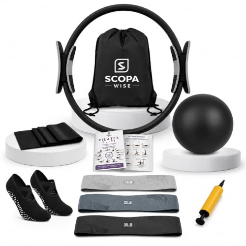Scopa wise Pilates Kit for Home Workouts | 14 Pilates Ring Set (Magic Circle) | Resistance Bands | Pilates Ball | Grip Socks | Yoga Strap | Pump | Carry Bag | Pilates Equipment for Women & Men