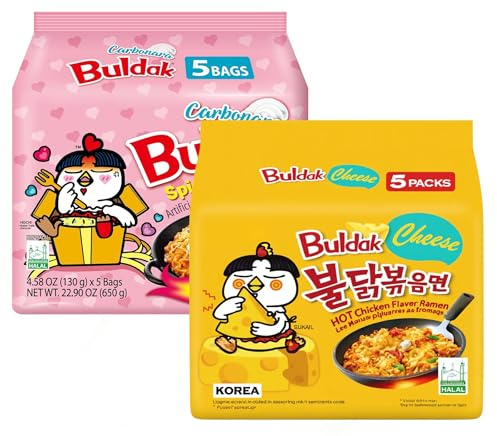 Blissify - Samyang Korean Import Hot Chicken Flavour Carbo nara Noodles & Cheese Noodles - Fire Fried Super Hot Spicy PINK & Yellow Noodle (128g x 5) - HALAL - By Buldak - VALUE PACK