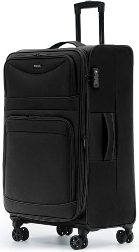 Münicase Stoffkoffer erweiterbar mit Frontfächern,15% Extra-Volumen, TSA-Schloss, 360° Doppelrollen & verdecktem Namensschild (Schwarz, Koffer XL (79 cm) erweiterbar)