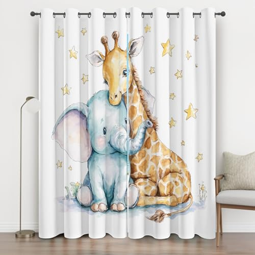 Generisch Süßer Giraffe Elefant Vorhänge Blickdicht, Stern Kinder Vorhang mit ösen für Wohnzimmer Schlafzimmer, Thermovorhang Kälteschutz Gardinen, Verdunklungsvorhänge 2er Set B 200 x H 160 jO9So