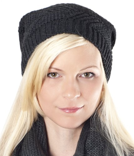 FEINZWIRN Oversize Long Beanie Strick Mütze schwarz - Strickmütze lang Unisex dunkelgrau