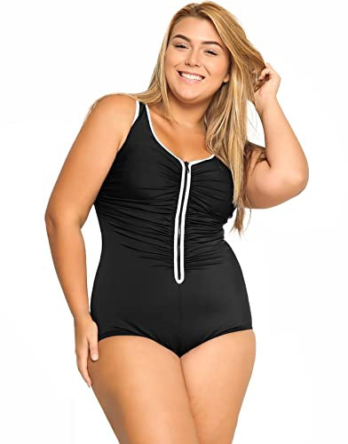 DELIMIRA Femme Maillot de Bain 1 Pièce Grande Taille Fermeture à Glissière Devant Noir 54
