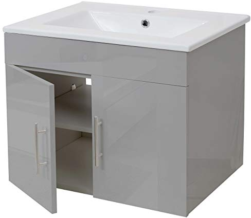 Mendler Waschbecken + Unterschrank HWC-D16, Waschbecken Waschtisch, FSC®-Zertifiziert, Hochglanz 60cm - grau