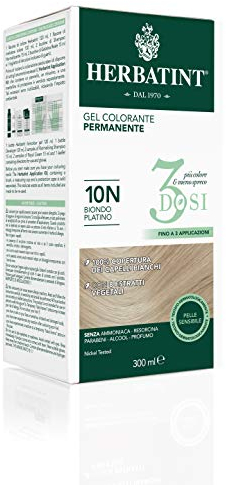 Herbatint Gel colorante permanente 3 dosis, 300 ml – 10N rubio platino, sin amoniaco, para pieles sensibles, cobertura 100% de cabellos blancos, con 8 extractos naturales biológicos