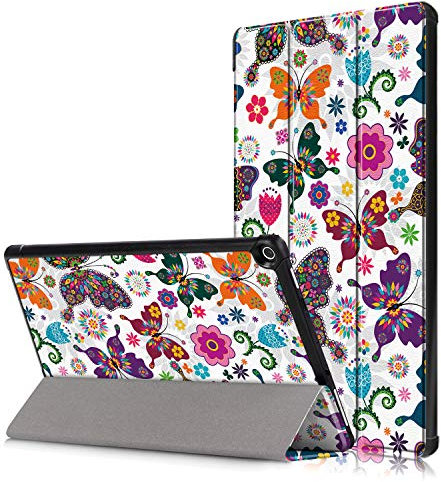 Shinyzone Slim Case for Amazon Fire HD 10 inch 2019/2017,Tri-Fold Stand Smart Case Cover with Auto Sleep/Wake Function,Premium PU Leather TPU Bumper Protective Case,Butterfly