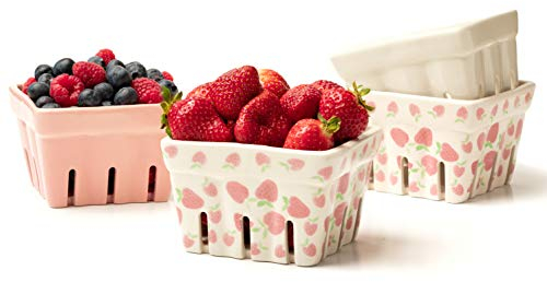 NOSTALGIE Farmhouse Keramik Beerenkorb, Siebschale, rustikale Küche Dekor Obstkörbe, Rosa Weiß und Erdbeere Muster Steingut Dekorative Schüssel Set von 4