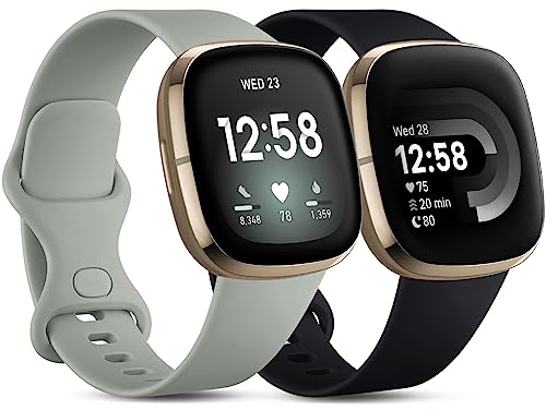 CeMiKa 2 Pack Armband Kompatibel mit Fitbit Versa 4/Versa 3 Armband/Fitbit Sense/Sense 2 Armband, Ersatz Sport Armband Kompatibel mit Fitbit Versa 4/Versa 3/Sense für Frauen Männer, Groß Schwarz/Grau