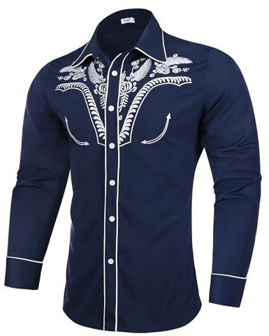 Sykooria Men's Shirts Long Sleeve Casual Vintage Floral Embroidery Button Down Western Shirts Regular Fit