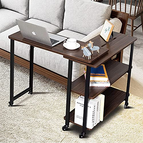 COSTWAY Corner Computer Desk, 360° Rotating Coffee Snack End Table with 2-Tier Storage Shelves, Mobile Sofa Side Table PC Laptop Workstation for Home Office Living Room (Walnut)