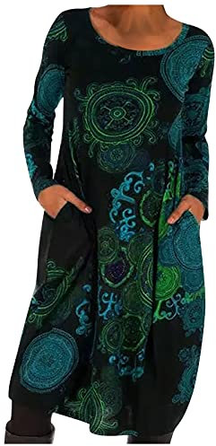 AMhomely Women Dresses Sale Casual O-Neck Hedging Print Ethnic Style Long Skirt Long Sleeve Loose Dress UK Size Party Elgant Dresses Clearance Work Dress Office Dressing Blue, XXL