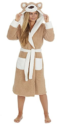 Metzuyan Womens Snuggle Fleece Teddy Bear 3D Hooded Dressing Gown Beige Size L