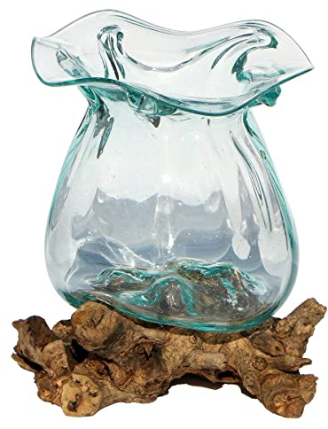 GeschenkIdee Vase décoratif Gamal en verre fait main en teck avec racine de bois de teck Diamètre 16-19 cm Taille L