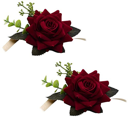 CRASPIRE 2PCS Fiore da Polso da Sposa Vino Rosso Fiore Artificiale da Polso Corpetto da Sposa Foglia di Rosa Nastro di Seta Fiori A Mano per La Sposa e La Damigella d'Onore Festival Prom Fidanzamento