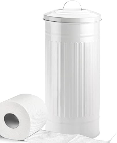 Autumn Alley Weißer Toilettenpapierhalter Kanister mit Deckel - Vertikaler rostfreier freistehender Bauernhaus-Metall-Toilettenpapier-Caddy für 3 Megarollen, rustikaler geschlossener