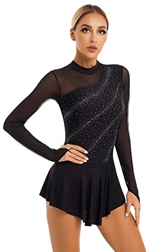 iEFiEL Damen Langarm Ballettkleid Eiskunstlauf Kleid mit Glitzer Kristallen Ballettkleidung Gymnastik Leotard Turnanzug Tanzkostüm Za Schwarz S