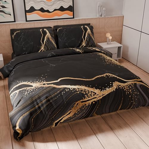 PETTI Artigiani Italiani - Bettwäsche-Set für Einzelbett, 160 x 200 cm (1 Kissenbezug 50 x 80 cm im Lieferumfang enthalten), weiche Mikrofaser mit Digitaldruck, hergestellt in Italien, Marmor-Schwarz