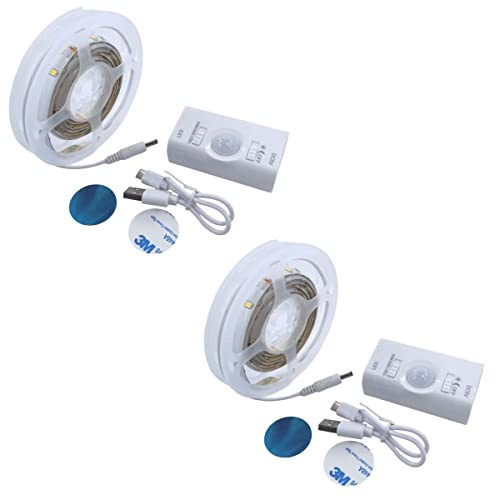 JANDEI – 2x 5V 1m LED-Streifen, Bewegungssensor, USB-aufladbar, flexibel und selbstklebend, kein Stecker erforderlich. Nachtlicht für Schränke, Flure und Treppen (Kaltes Licht)
