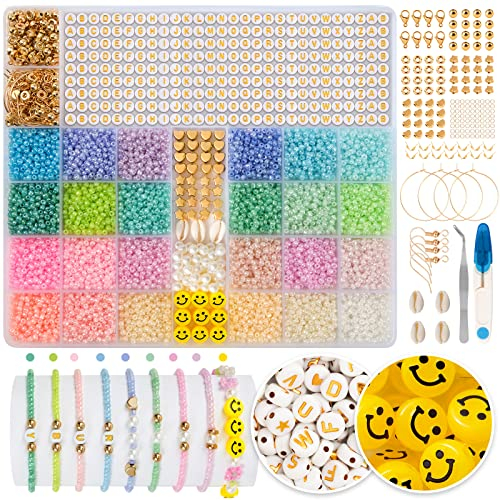 RUBY Perlen zum Auffädeln 3mm 24 Bunte Perlen Set,Mini Glasperlen mit 300 Buchstaben Perlen und Smiley Perlen Selber Machen Armbänder Charm Kit für DIY Armband Schmuckherstellung Kit