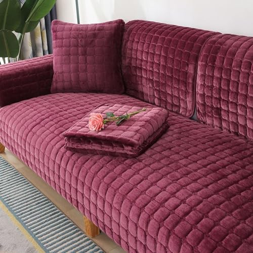 TOPCHANCES Samt Sofabezug 1 2 3 4 Sitzer,Sofabezüge Ecksofa L Form,Sofaschoner rutschfest Überwurf Flanell Sofa Überzug Pets Sesselschoner Für Wohnzimmersofa (Rotwein,90x180cm 1Stück)