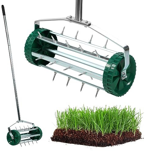 KADAX Handvertikutierer, Rasenlüfter aus robusten Stahl, Manueller Aerifizierer mit 3,3cm Nägeln, Bodenbelüfter mit ergonomischem Griff, Robuste Stachelwalze (148cm)
