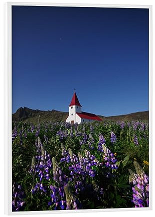 artboxONE Poster mit weißem Rahmen 18x13 cm Natur Kirche und Lupinen in Vik - Bild vik blumenwiese Fotografie