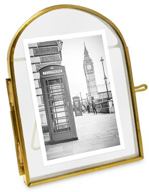 Isaac Jacobs Schwebender Bilderrahmen im Vintage-Stil, gewölbtes Messing und Glas, Metall, mit Medaillon-Verschluss (vertikal), hergestellt für Tischaufsteller (5 x 7,6 cm vertikal, Antikgold)