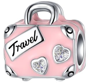 BIZK Pink Reisekoffer Charm für Armband 925 Sterling Silber Charm Bead Pendant für Europäische Armbänder und Halsketten