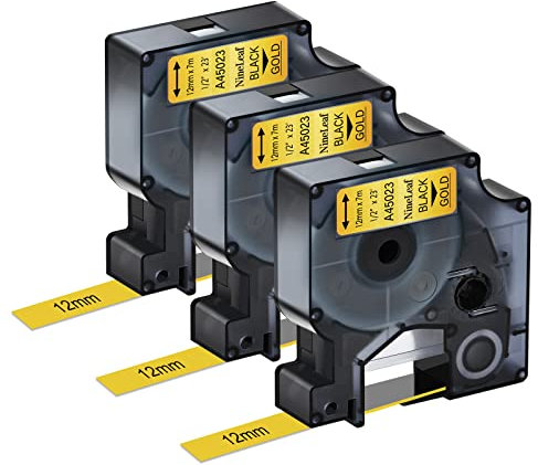 NineLeaf 3 Packung Ersatz für Dymo D1 45023 S0720630 A45023 12mm x 7m 0.47'' Bänder Schwarz auf Gold Schriftband für LabelManager 160 210D 220P 120P 150 LabelPoint 100 150 200 250 Beschriftungsgerät
