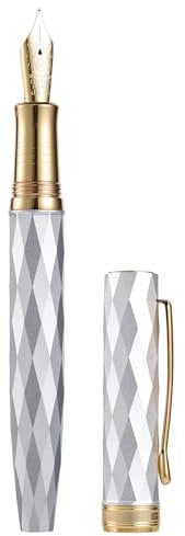 Hong Dian N11 Gold Silver Platinum Plated Extra Fine Soft Nib and Diamond Geometric Design Fountain Pen with Metal Case