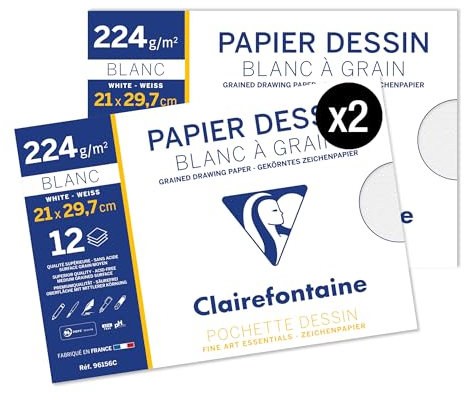 Clairefontaine 96156AMZC - Un lot de 2 Pochettes Dessin Scolaire - 12 Feuilles Papier Dessin Blanc à Grain - A4 21x29,7 cm 224g - Idéal pour les Arts Plastiques