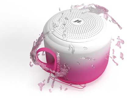 Music Hero speaker cassa wireless, 3 Watt, water resistant IPX4, con laccetto, microfono, tasti multifunzione, bianco e rosa