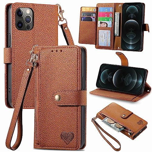 VEEMOS Zipper Wallet Case for Apple iPhone 12 Pro Max Phone Case with Purse Card Holders RFID Blocking Leather Flip Case Book Cover Wrist Strap Women - Brown