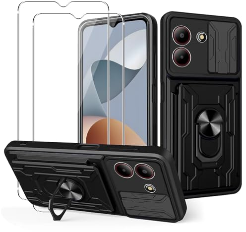 MEMELOKA Hülle für ZTE Blade A54 + 2 Stück Schutzfolie, Hart PC Gehäuse und TPU Stoßfeste Bumper Handyhülle[Kamera Schiebeabdeckung][Drehbarer Ständer][Kartenfach Slot], Schwarz