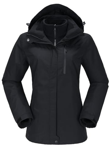 OutPro Skijacke Damen 3 in 1 Winterjacke Wasserdicht Winddicht Funktionsjacke Winterjacke Herausnehmbare Fleece Innenschicht Outdoor Wandern,Schwarz S
