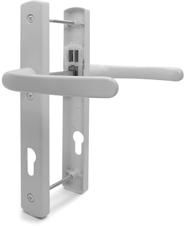 TSS White UPVC Door Handle Pair Set, 92mm PZ (Centres), Sprung, Lever Lever, 215mm Top Screw to Bottom Screw (Screw centres), 3X Fixing Points, Backplate 260mm x 35mm - PVC Door Handle in White
