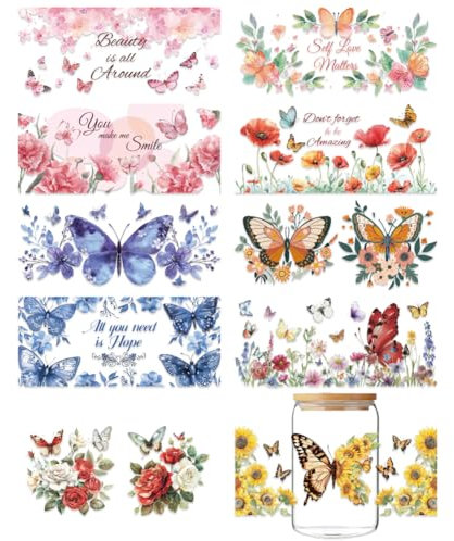 GOMAKERER 10 Blatt Blumen Schmetterling UV DTF Tasse Wrap Transfer Sticker 16OZ Glas Beauty is All Around Transfer Aufkleber Ästhetische Frühlings Transferaufkleber Für Tassen Flaschen Garten Basteln