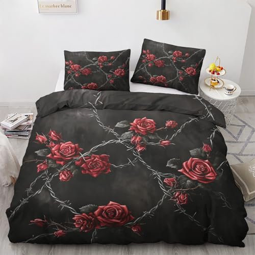 Traulpex Rosenmuster Bettwäsche 135x200cm 3 teilig, Gothic Retro Bettbezug mit Reißverschluss, Weich & Bügelfrei, Shabby Chic Bettwäsche Set Microfaser mit 2 Kissenbezug 80x80 cm