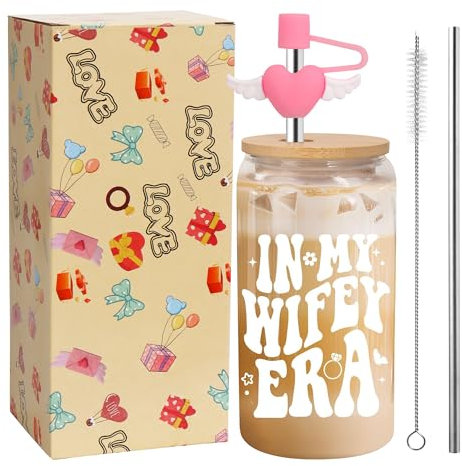 Bridal Shower Gift - In My Wifey Era, Wedding, Engagement, Bachelorette Present for Bride to Be, 16oz Glass Cup With Lids, Straws and Straw Cover