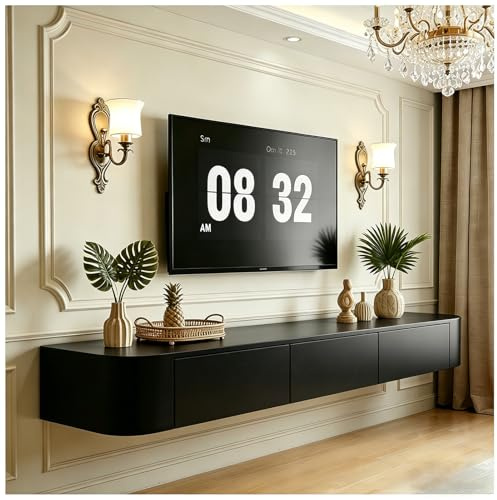 ASKLFNEI Mesa TV Flotante Largo de 160 cm, Soporte para TV con 2 cajones y 1 Puertas, Negro Consolas de Medios Suspendido, Mueble de TV con gestión de Cables,para Dormitorio y Oficina
